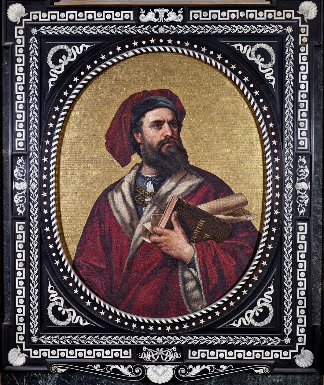 Den venetianske oppdageren Marco Polo holder verket «The Book of Wonders» under armen og gjengir sine reiser av Unknown artist