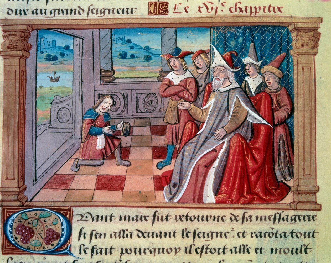 Den venetianske navigatøren Marco Polo (1254-1324) foran den store Qubilai (Kubilai Khan, første keiser av det mongolske Yuan-dynastiet (1215-1294). Miniatyr hentet fra "" The Book of Wonders""" ("" Devisement du monde&qu av Unknown artist