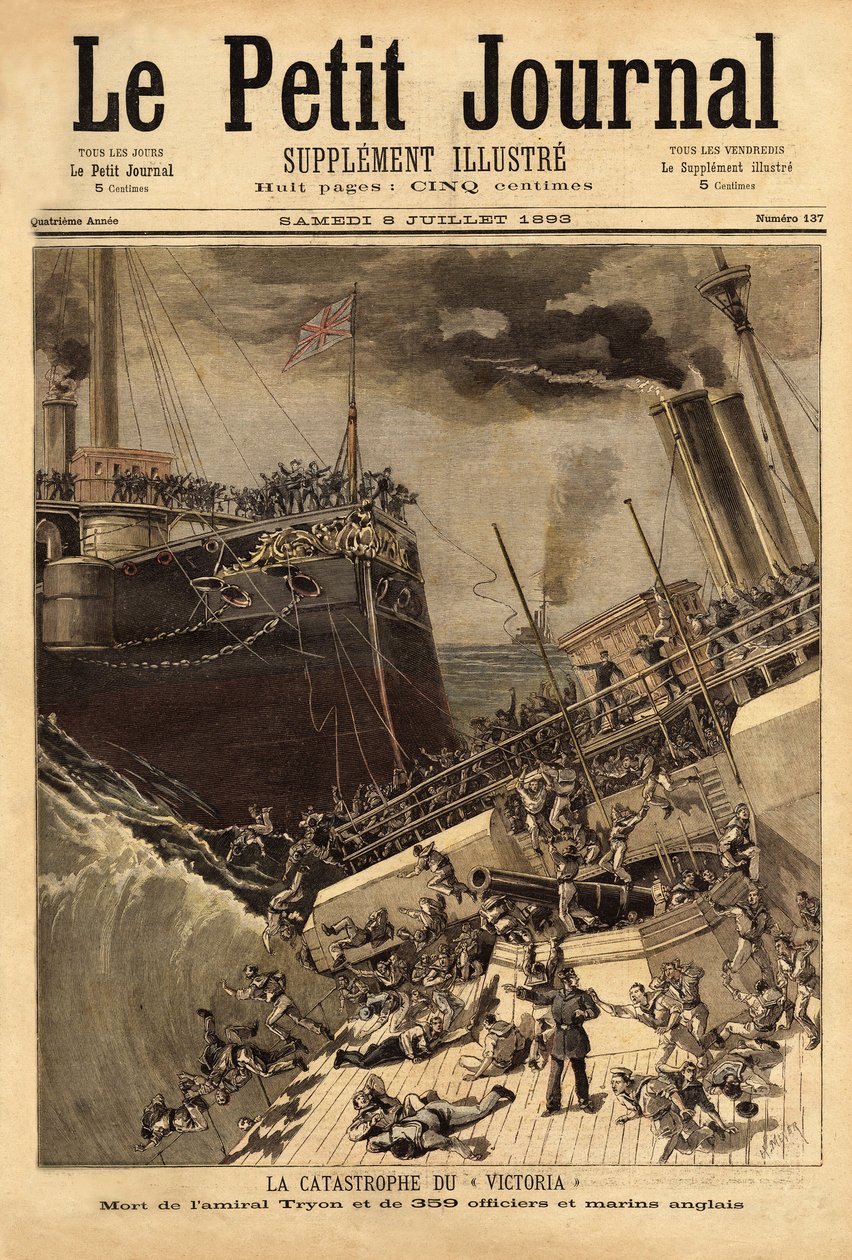 Slagskipet Victoria synker utenfor den syriske kysten, ansporet av skipet Camperdown. Gravering i "" Le petit journal"" 8/07/1893. Selvas samling. av Unknown artist