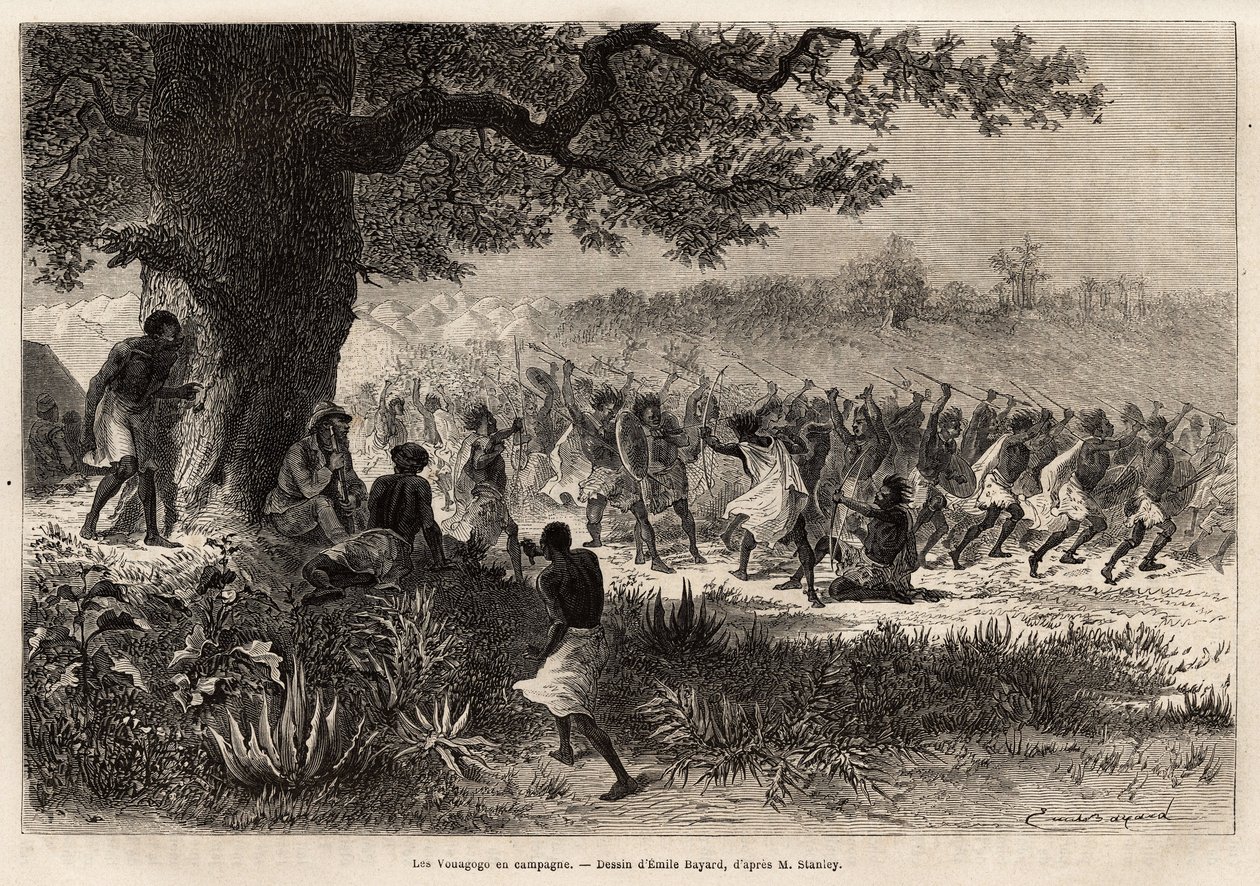 Vouagogo (stammen i Tanzania) som forberedelse til krig, under treet, forfatteren av historien Henry Morton Stanley (1841-1904). Gravering for å illustrere reisen på jakt etter Livingstone, i Sentral-Afrika, av Henry Stanley, korrespondent for "New-Y av Unknown artist