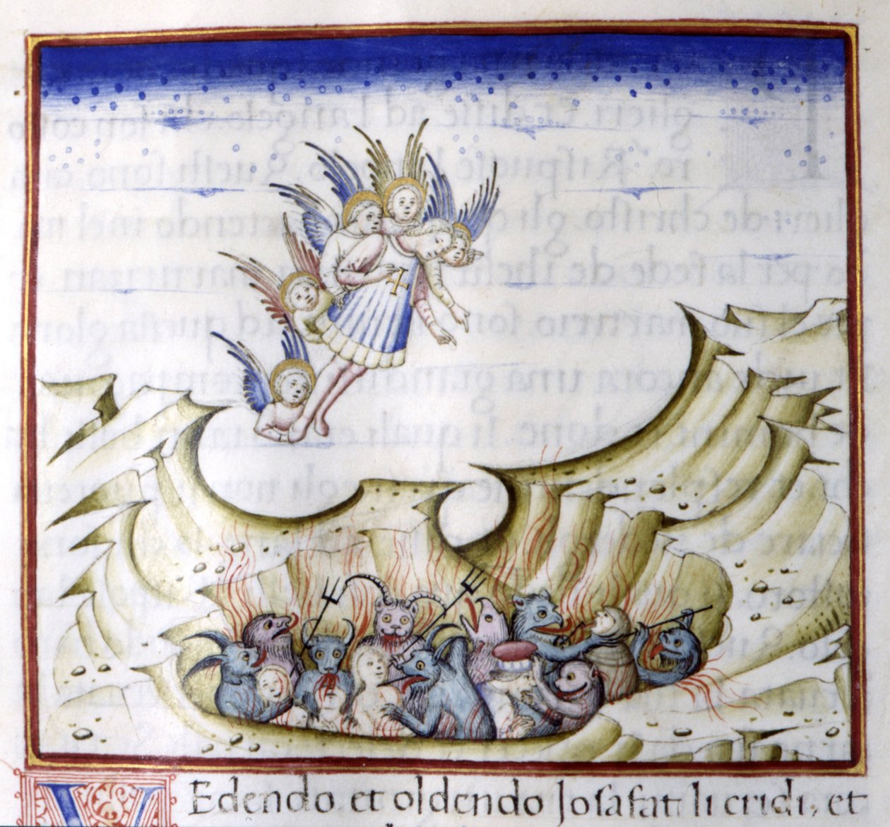 Engelen ser på helvete. 1400-talls manuskript. av Unknown artist