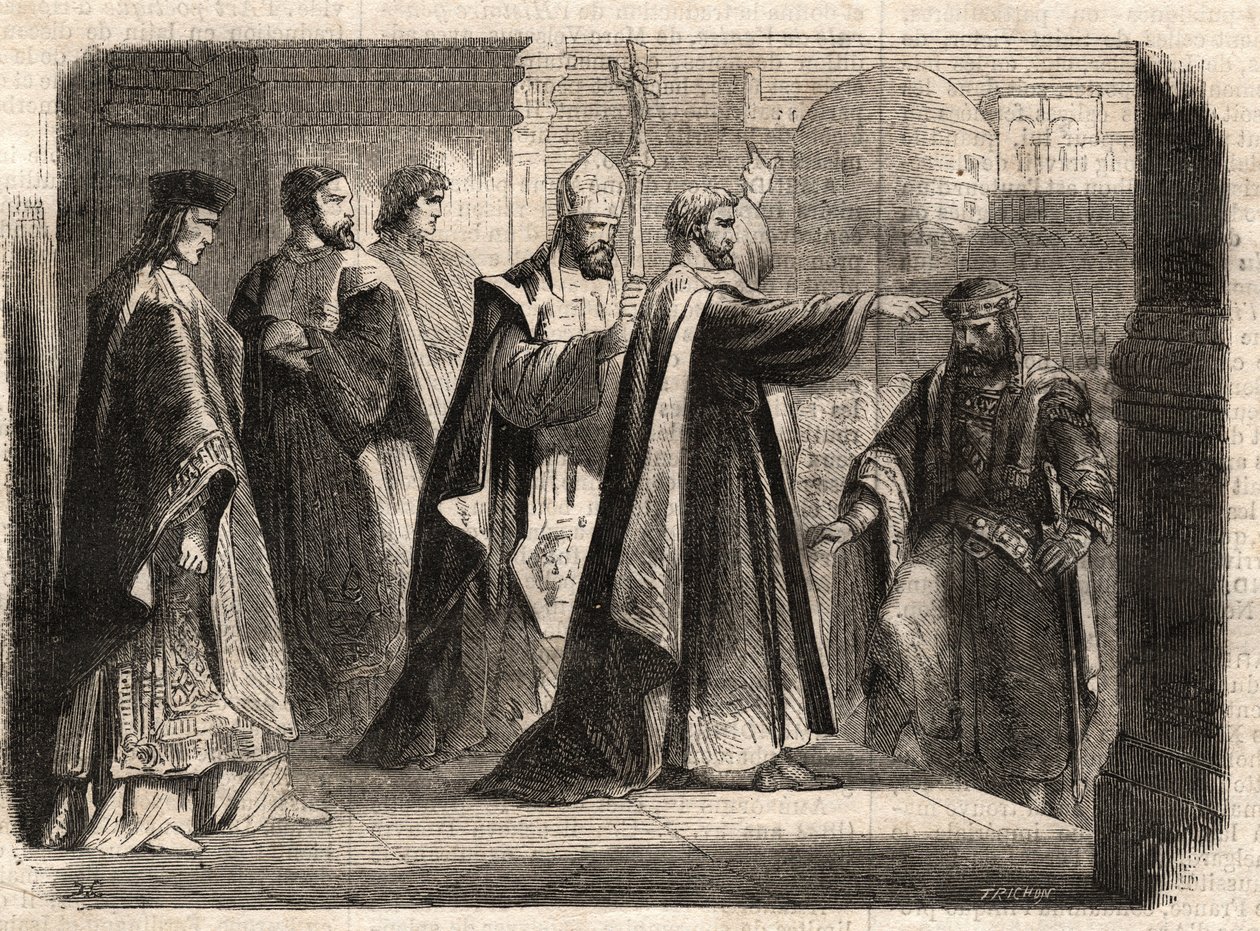 Erkebiskopen Saint Ambrosius av Milano (Aurelius Ambrosius, Ambrogio di Milano (340-397) forbød inngangen til kirken til den romerske keiseren Theodosius I (Flavius Theodosius) (347-395) for å straffe ham for massakren i Thessalonica i 390 - Excommunicati av Unknown artist