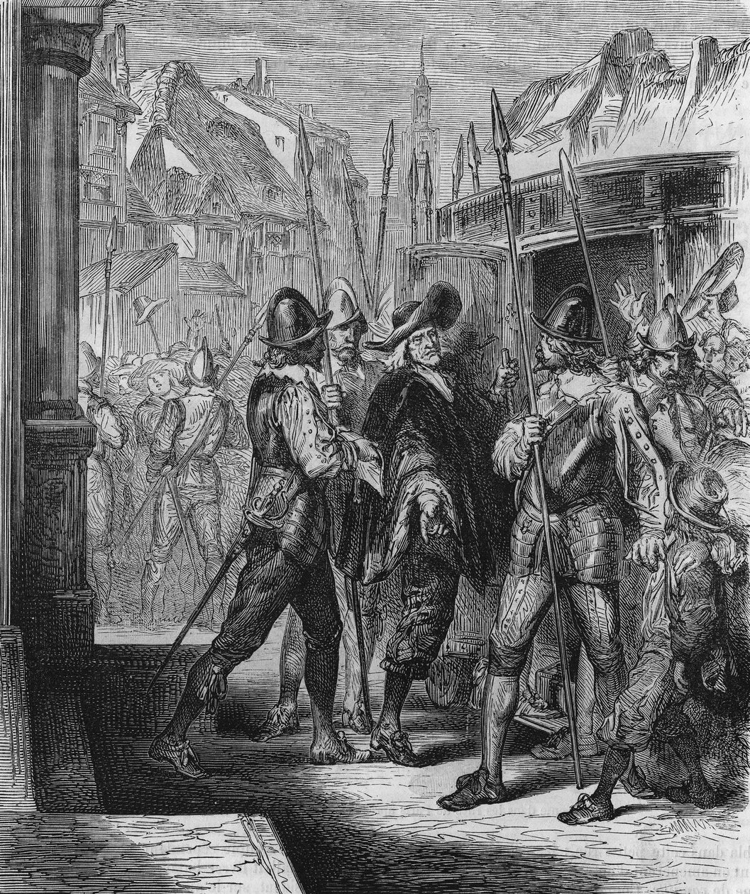 Arrestasjonen av Pierre Brousel (1575 - 1654) i 1648, under ordre fra Anne av Østerrike, som provoserte lettelse for folket (barrikadenes dager) og Fronde. Gravering fra 1866. av Unknown artist