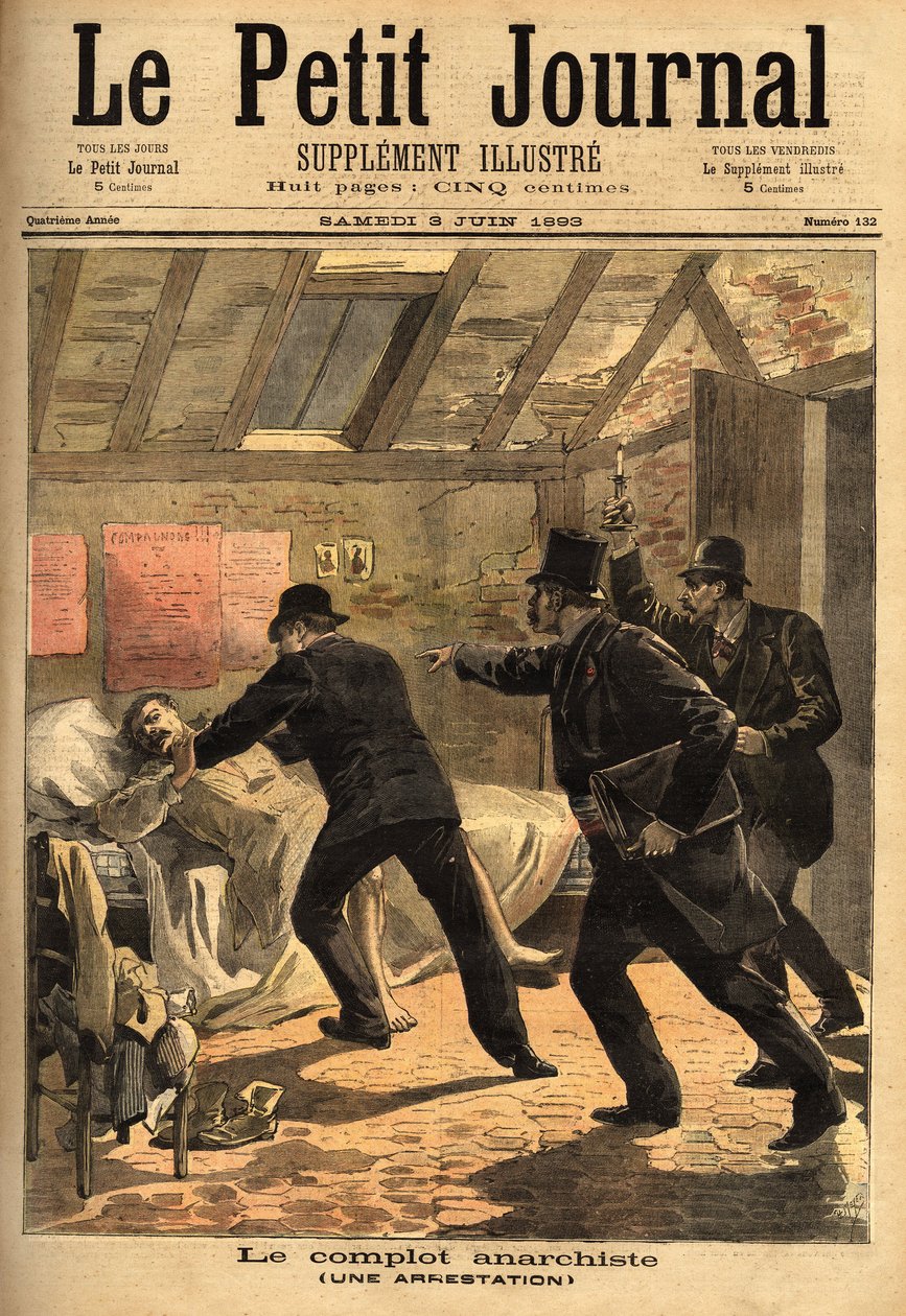 Arrestasjonen av en anarkist i Paris og innslaget av en konspirasjon og dynamittcacher. Gravering i "" Le petit journal"" 3/06/1893. Selvas samling. av Unknown artist