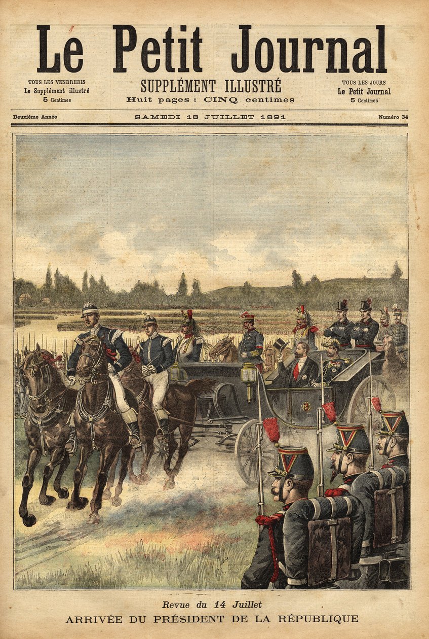Ankomsten av presidenten for den franske republikken Sadi Carnot (1837-1894), på sletten Bois de Boulogne, i anledning magasinet 14. juli av Unknown artist