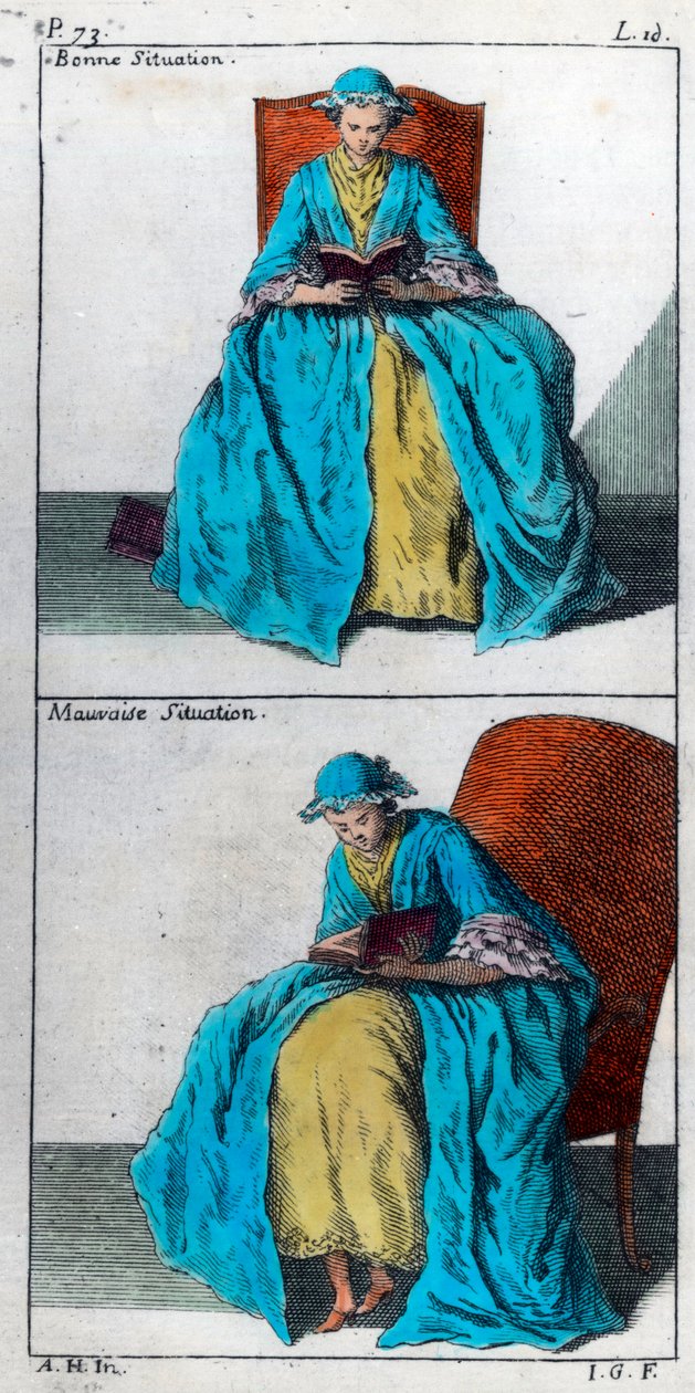 Kunsten å forebygge og korrigere misdannelser av kroppen hos barn: god og dårlig posisjon for lesing. Gravering fra 1700-tallet. Privat samling. av Unknown artist