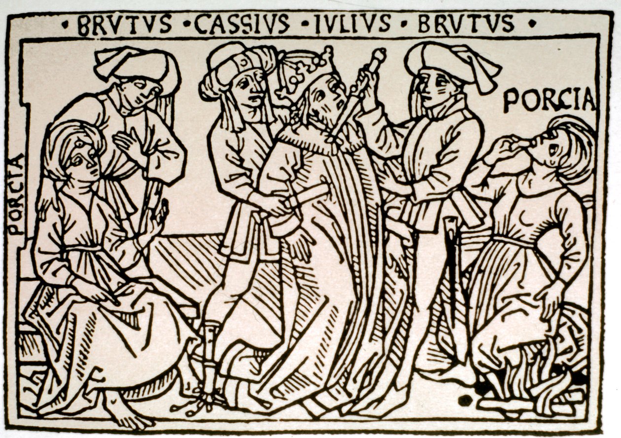 Attentatet på Jules Cesar (100-44 f.Kr.): han blir knivstukket av Brutus og Cassius mens Porcie, Brutus' kone forsvinner. Xylografi av Roma fra 1500-tallet, Biblioteca Vallicelliana ©Luisa Ricciarini/Leemage av Unknown artist