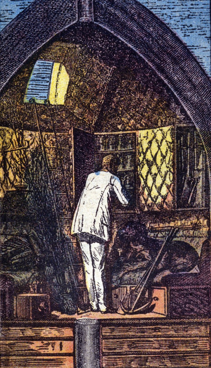 Astronauten i raketten. Grav. i «Fra jord til måne» av Jules Verne av Unknown artist