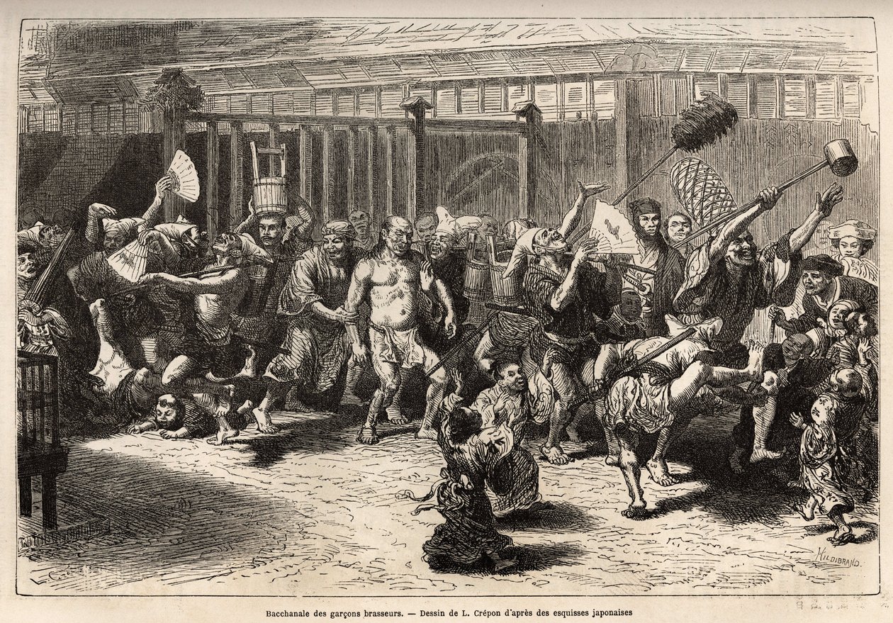 Bryggernes bacchanal, på nyttårsaften, etter å ha mottatt lønn og festoye, går de inn i en gledelig og støyende prosesjon i Edo (dagens Tokyo), utstyrt med en enorm sakevask og en lang støvsuger for å skyve taket , prinsen av d av Unknown artist