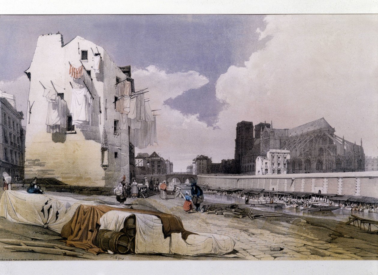 Bredden av Seinen og Notre Dame de Paris - litografi av Unknown artist
