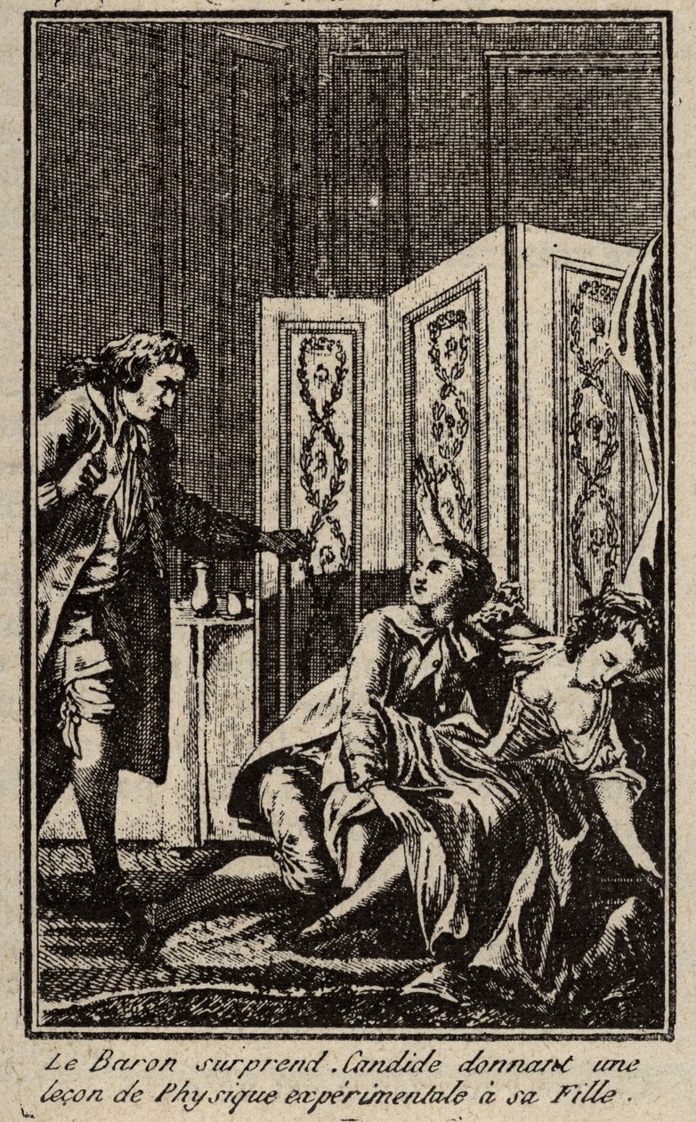 The baron surprises Candide giving a lesson in experimental physics to his daughter Frontispice for “” Candide”” by Francois Marie Arouet dit Voltaire. av Unknown artist