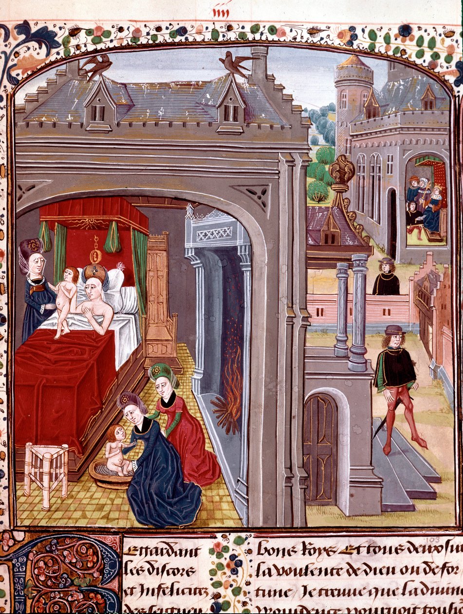 Fødselen til Alexander den store (356-323 f.Kr.), sønn av Olympias og Nectanebo II Miniature hentet fra "" History of Alexander the Great"" av QuinteCurce (Quintus Curtius Rufus) (1. århundre e.Kr.) 1400-tallet Chantilly, museum Conde av Unknown artist