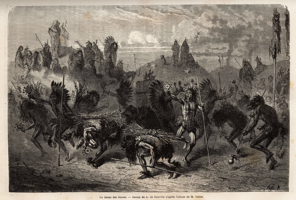 Bisondansen utført av krigerne i Mandans-indianerne (eller noumah ka kie: fasaner) på venstre bredd av Missouri. Gravering for å illustrere en ekskursjon blant indianerstammene i bassengene i Colombia og Upper Missouri, av G. Catlin, i 1855, s. av Unknown artist