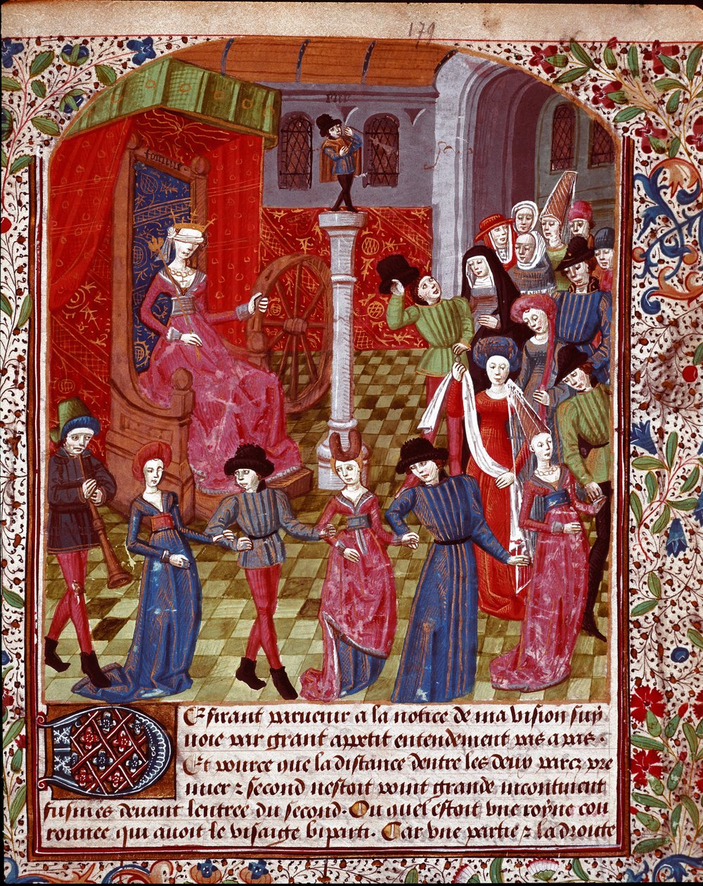 Den blinde formuen som snur hjulet, menneskene foran den er allegorien om skjebne, lykke og miniatyrmalheur hentet fra "The Tresor of Sapience" (eller "The Treat of the Garden in Love") av Jean Gerson (1363-1429) (ms. 1513, fol. 179 r.) 1400-tallet av Unknown artist