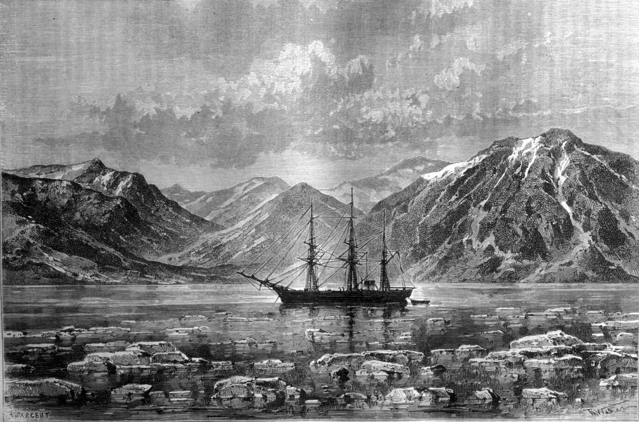 Båten til Nils Adolf Erik (Eric) Baron Nordenskjold (Nordenskiold) (1832-1901), “” Vega”, ved Konyam- bay. Gravering rundt 1880. av Unknown artist