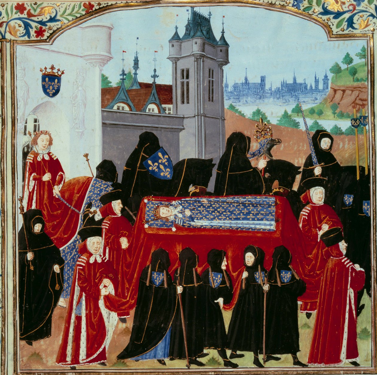 Liket av avdøde kong Charles VI (1368-1422) blir båret bort, bak prosesjonen den nye kong Charles VII (1403-1461) miniatyren 22/10/1422 fra manuskriptet "" Chronicles of Charles VII"" (Ms. . fr. 2691) av Jean Chartier av Unknown artist