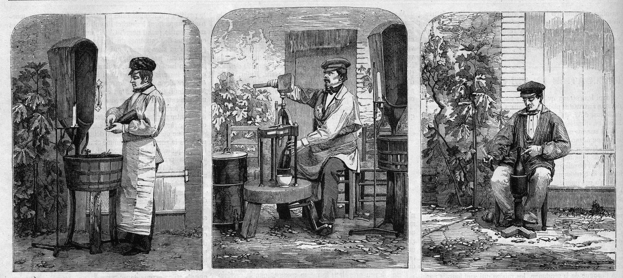 Tapping av champagnevin. Gravering fra 1864. av Unknown artist