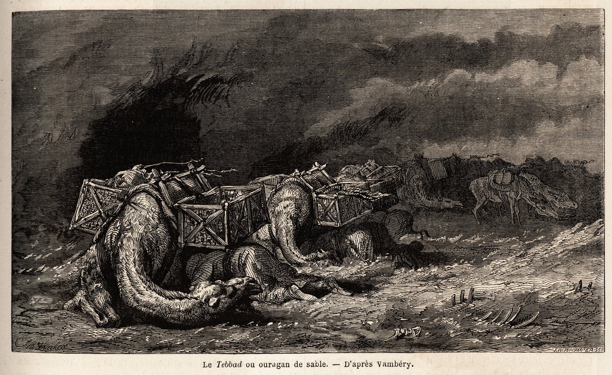 Kamelkaravanen fanget i en sandorkan kaller tebbad. Tegning av Emile Bayard (1837-1891), for å illustrere reisen til Sentral-Asia, i 1863, av Arminius Vambery (ungarsk vitenskapsmann forkledning i dervisj). Gravering i "" Le tour du monde"", redigert av av Unknown artist