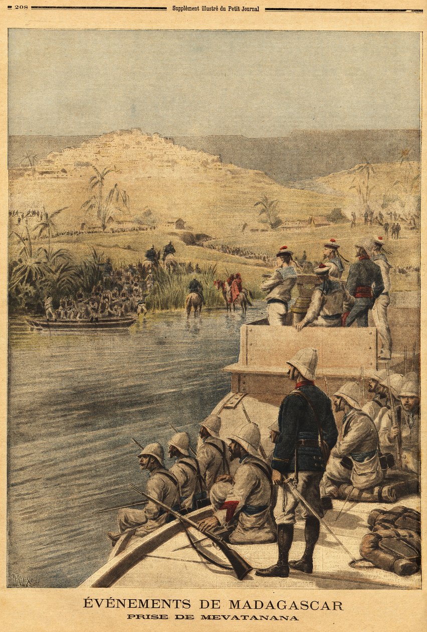 Erobringen av Mevatanana (Madagaskar) av den franske hæren. Gravering i "" Le petit journal"" 30.06.1895. Selvas samling. av Unknown artist