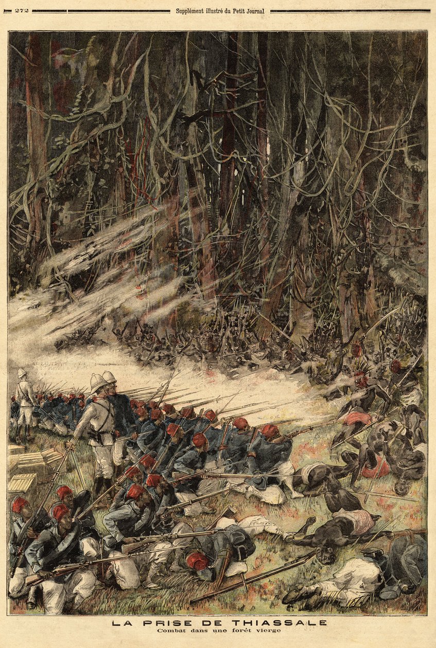 Erobringen av Thiassale (Elfenbenskysten), av kaptein Jean Baptiste Marchand (1863-1934), sjef for koloniens militære styrker, med en tropp på 115 mann, kjempet de mot Baoule-krigerne mellom Bendama-elven og urskogen. Gravering i "" Le s av Unknown artist
