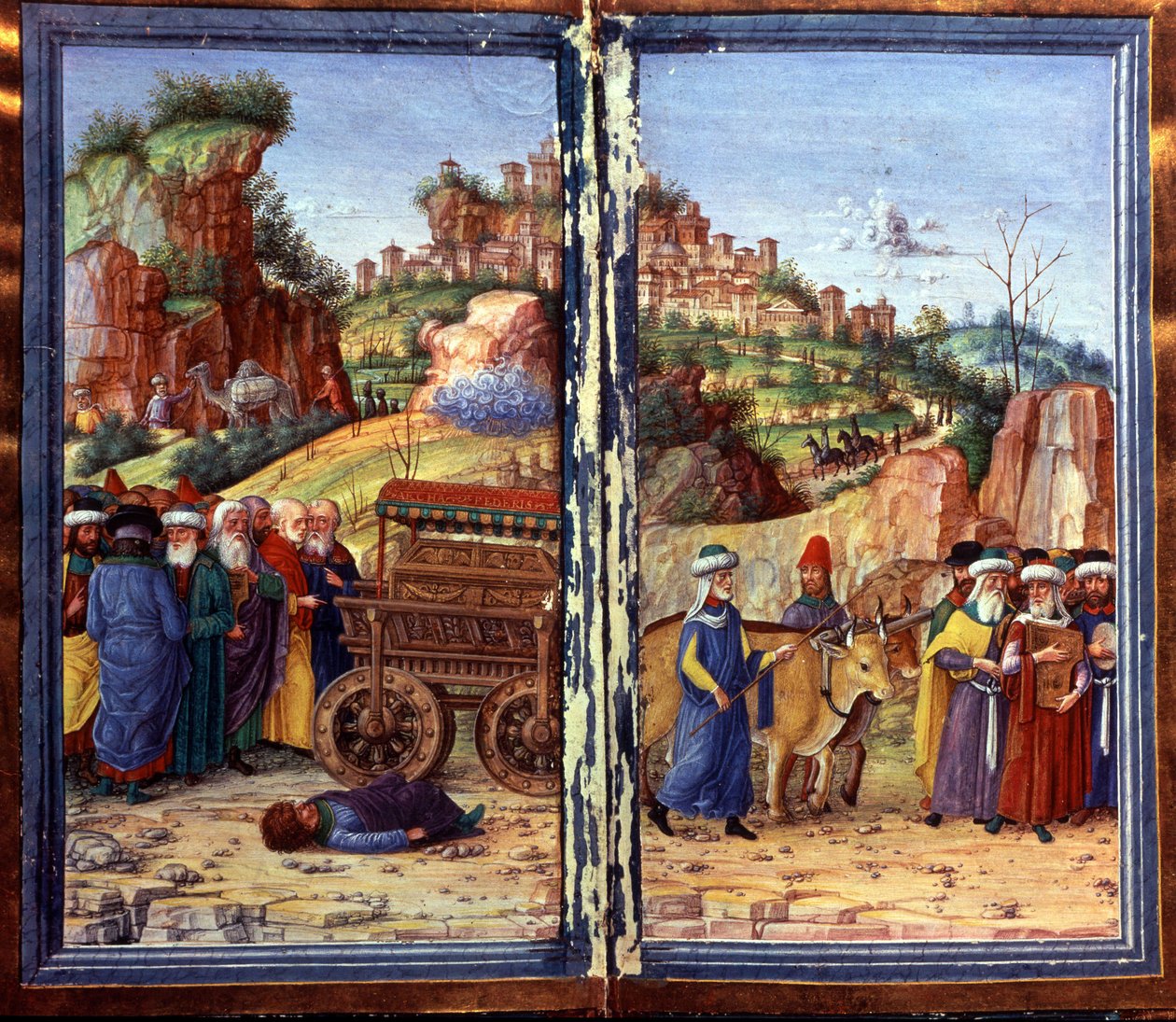 Vognen til paktens hellige ark, etterfulgt av David som spiller psalterion; Ozam, som hadde prøvd å holde henne, ligger på bakken, død. Davids Psalterion av Unknown artist