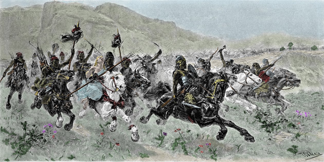 Anklagen om hunerne ledet av Attila (405-453), utsett til Italia, 5. århundre - Gravering av U. Checa av Unknown artist