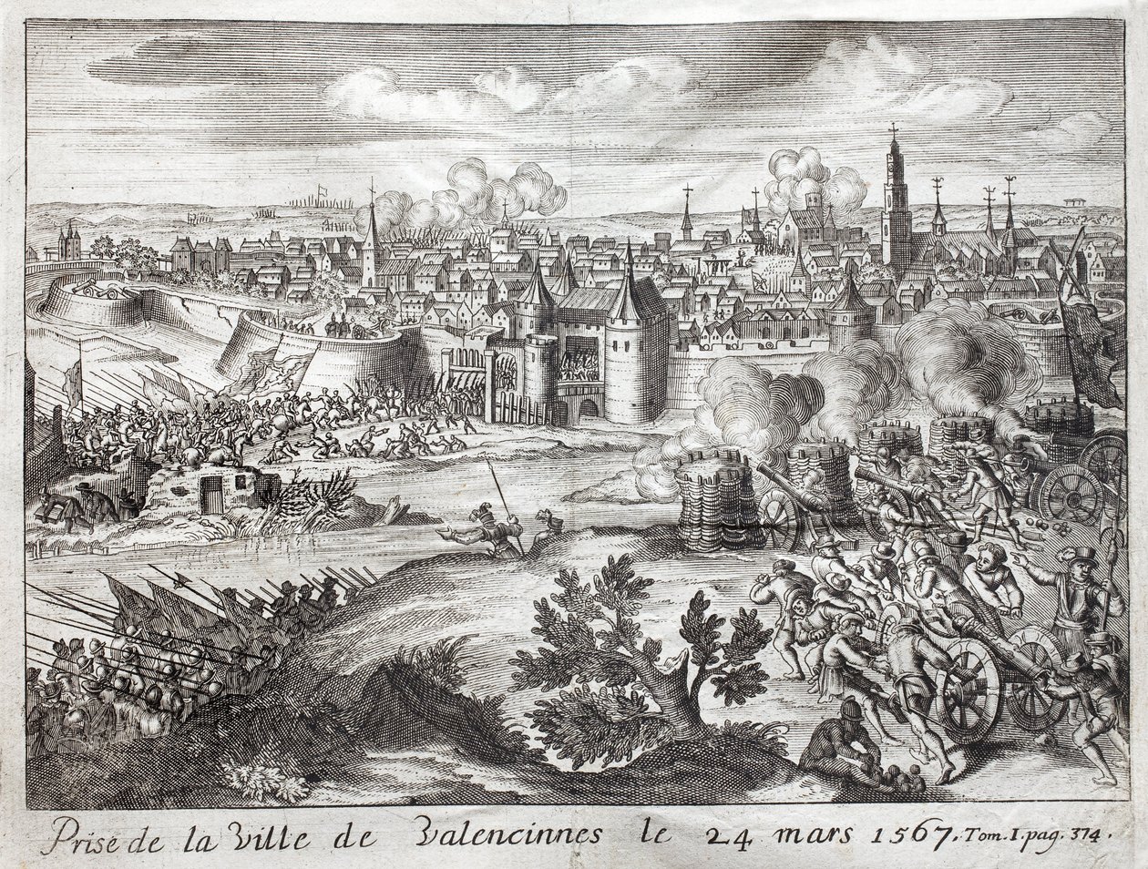 Byen Valenciennes (Frankrike) ble tatt den 24. mars 1567. Første slaget i opprøret til Gueux (begynnelsen av krigen av åtti år (åtti år eller 80 år) (opprør fra Nederland) (1568-1648). Gravering for å illustrere «History of the War of F av Unknown artist