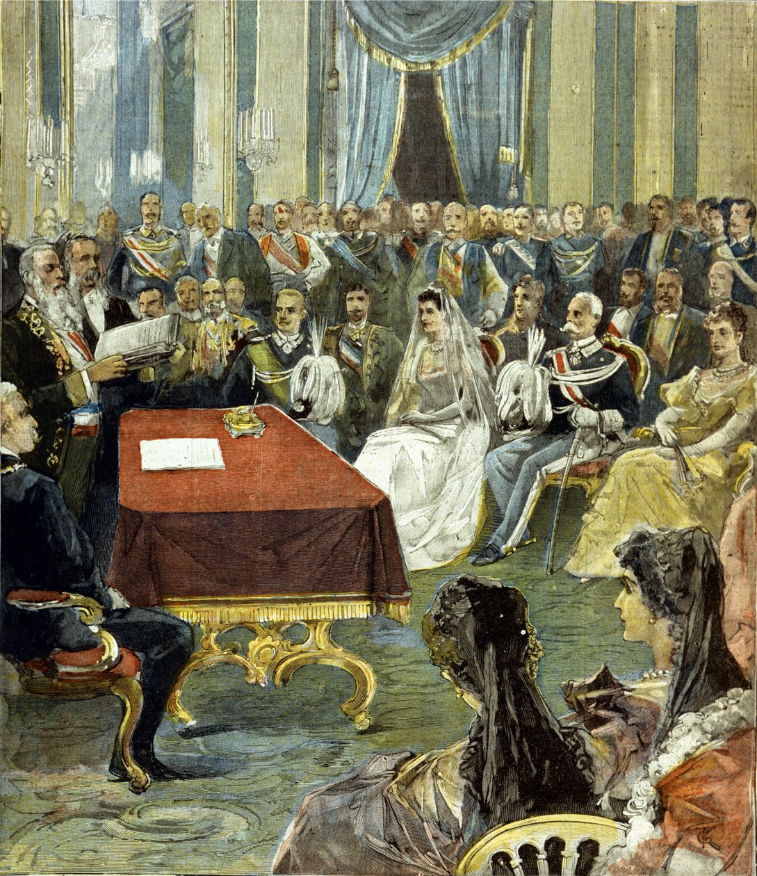 Det borgerlige ekteskapet til prinsen av Napoli - som ble Victor Emmanuel III (Victor Emmanuel) (Vittorio Emanuele) - med prinsesse Helene av Montenegro ved Quirinal-palasset i 1896. I midten kan du se Humbert I (Umberto) til venstre for bruden. av Unknown artist
