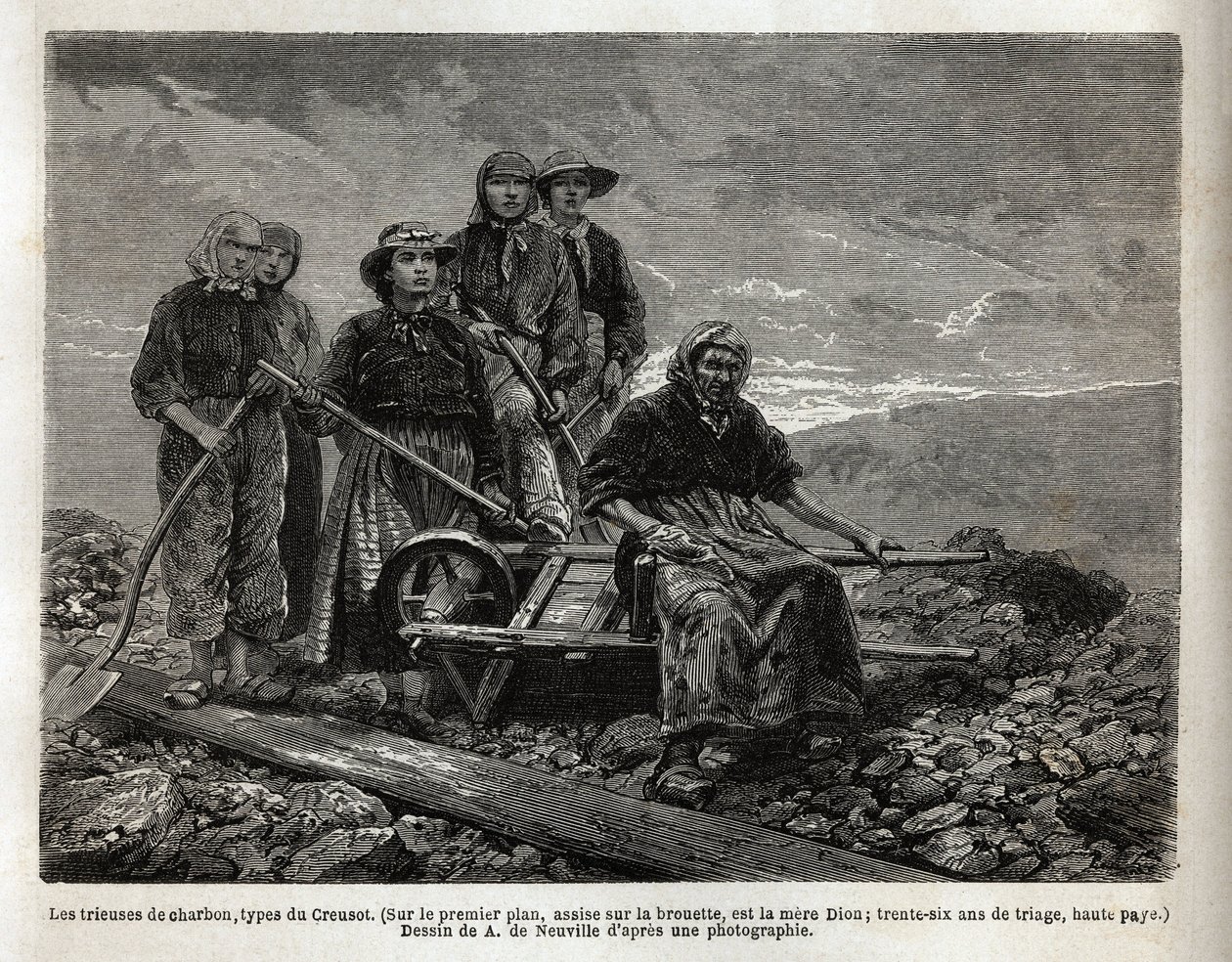 Kull sorterere, type Creusot; i forgrunnen, sittende på trillebåren, den eldste av sortererne, moren Dion, 36 år med sortering. Gravering for å illustrere en reise til Creusot og gruvene i Saone og Loire, i 1865, av L. Simonin, i av Unknown artist