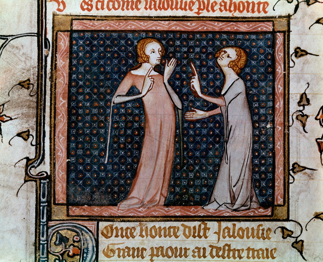 Kollokviet av sjalusi og skam-miniatyr i "" Roman de la rose"" av Jean de Meun, Jean de Meung eller Jean Chopinel, Jean Clopinel (ca. 1240-1305), ca. 1370. Paris, bibliotheque Sainte Genevieve av Unknown artist