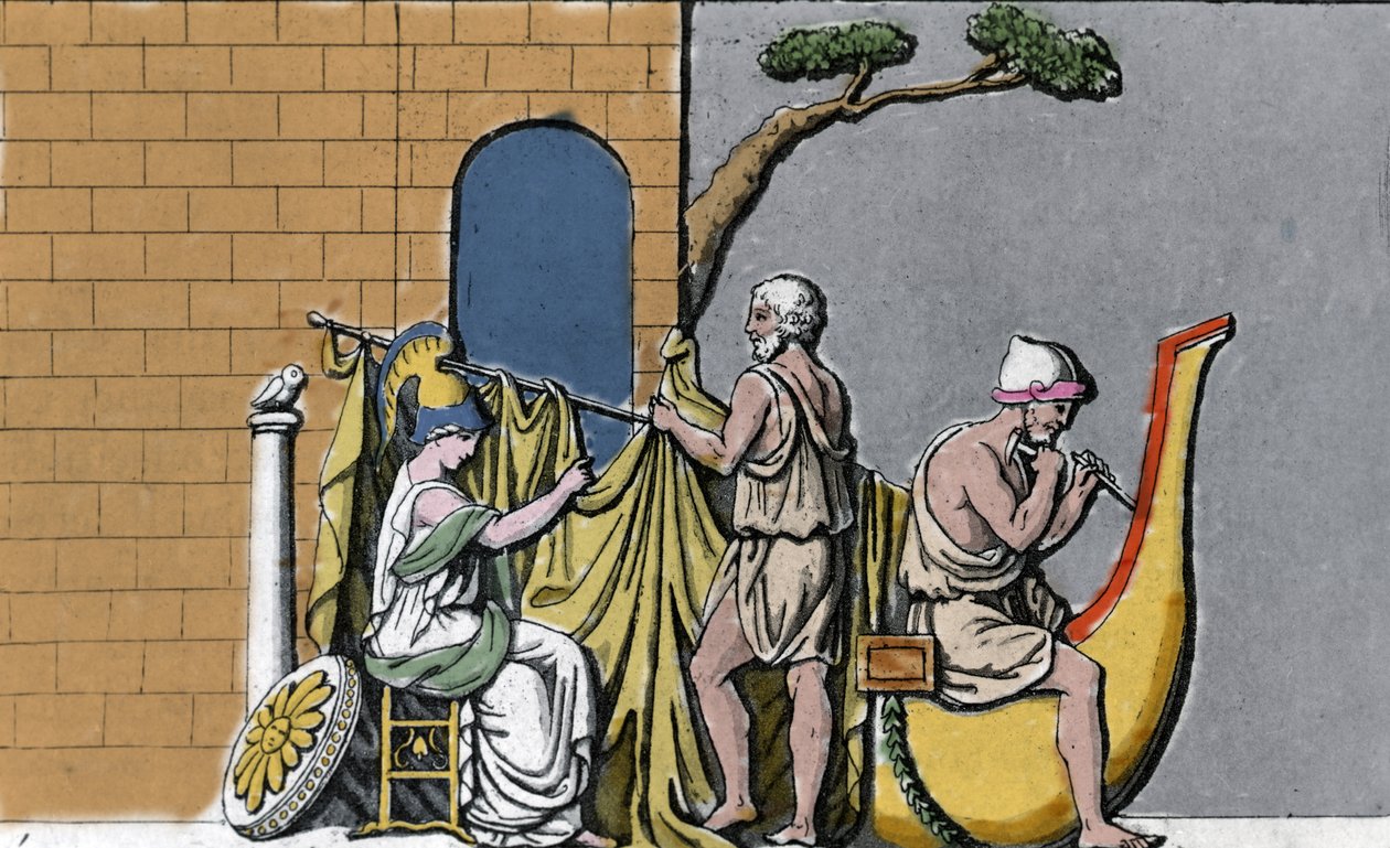 Byggingen av skipet Argo, assistert av Minerva, med det hellige treverket til eikene i Dodone. av Unknown artist