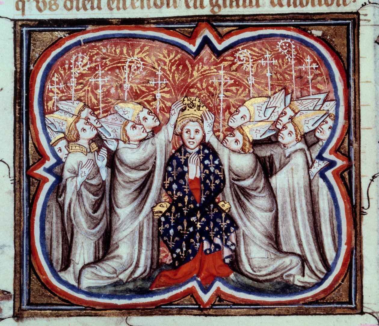 Kroningen av kong Philip Augustus (1165-1223) i katedralen i Reims 1.11.1179. Miniatyr fra et manuskript fra 1300-tallet. Paris, B.N. av Unknown artist