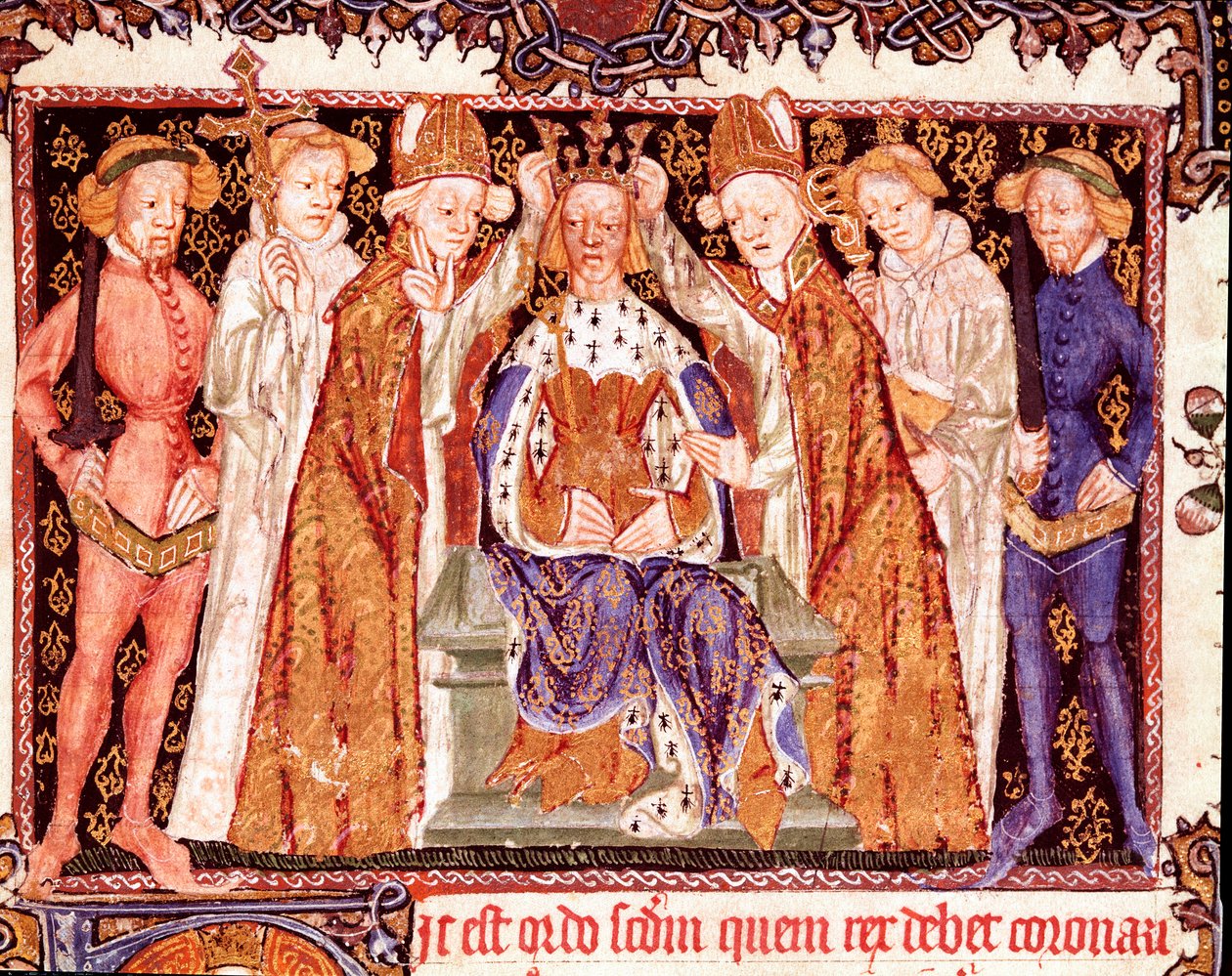Kroningen av en konge Sannsynligvis kong Richard II av England (1367-1400). Miniatyr fra manuskriptet om kroningsritualer "" Liber regalis"" Pamplona fra 1300-tallet, Navarra-arkivet av Unknown artist