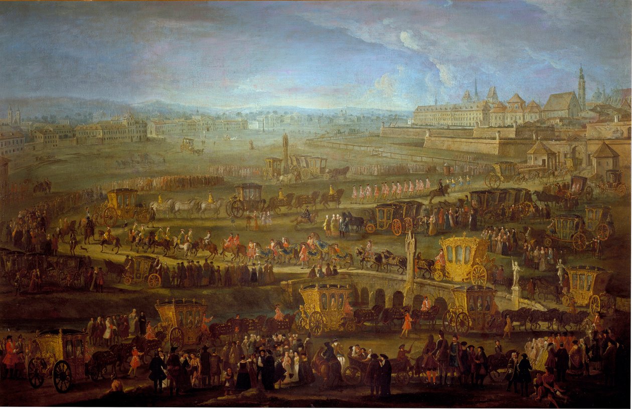 Kortesjen til markisen av Mirepoix (1699-1757) ambassadør med de franske diplomatiske representantene i Wien 12/10/1738 Anonymt maleri fra 1700-tallet. Wien, Historisches Museum of the City av Unknown artist