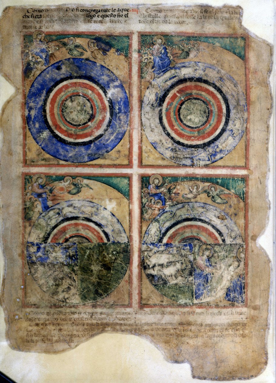 Skapelsen av verden. Genesis. Miniatyrer fra codex 212 (eller Padovano Codice eller Bible of Padua) 1390-1400 Rovigo, Accademia dei Concordi av Unknown artist