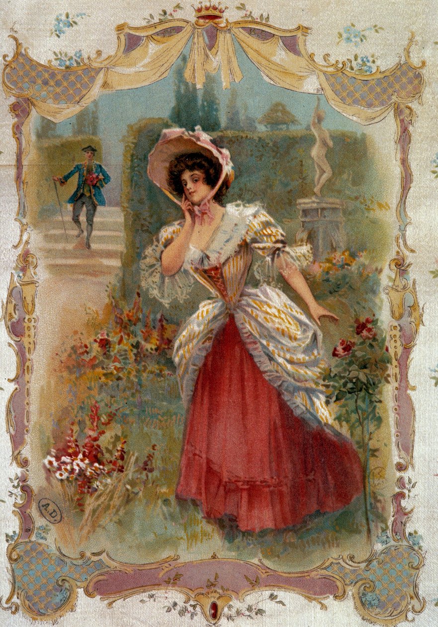 Daten En ung kvinne venter på sin forlovede. Litografi fra 1800-tallets Paris, dekorativ kunst av Unknown artist