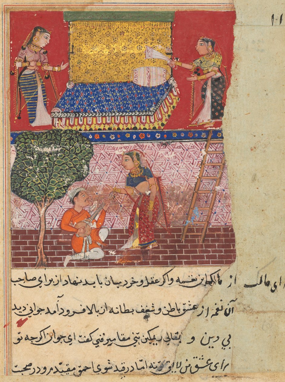 Svigerdatteren til kongen av Banaras, sjarmert av musikken til en vagabond, kommer ned for å møte ham, fra en Tuti-nama (Tales of a Parrot): Sixteenth Night av Unknown artist