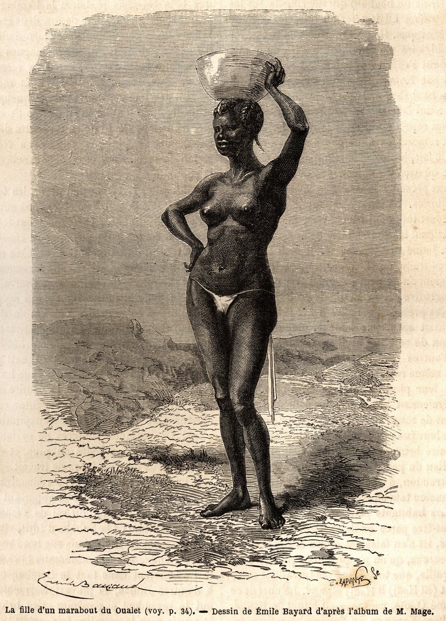 Datteren til en marabout fra Oualet (Mauritania), iført en jatte på hodet for å lage svart såpe. Gravering for å illustrere reisen til Vest-Sudan til løytnant (Marine) M.Mage, i 1863-1866, publisert i "Le tour du monde, nouveau journal des voyages" av Unknown artist