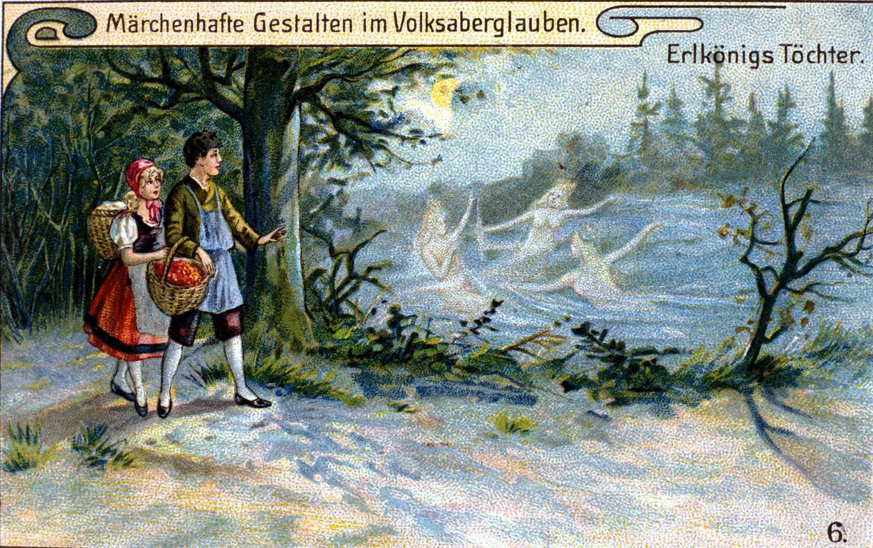 Døtrene til alvenes konge. Fantastisk karakter av tysk mytologi. kromolitografi fra 1800-tallet. av Unknown artist