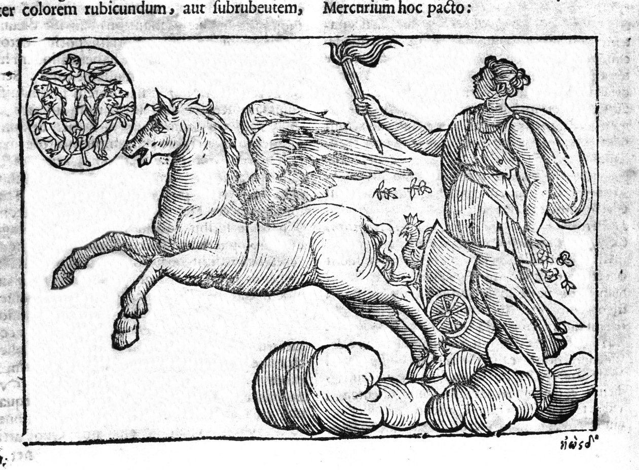 Daggry (solens vogn). Allegori om soloppgangen med karakterene fra gresk og romersk mytologi på himmelen. Gravering fra "Mythology and Explanations of Fables" av Natalis Comitis. 1637. av Unknown artist