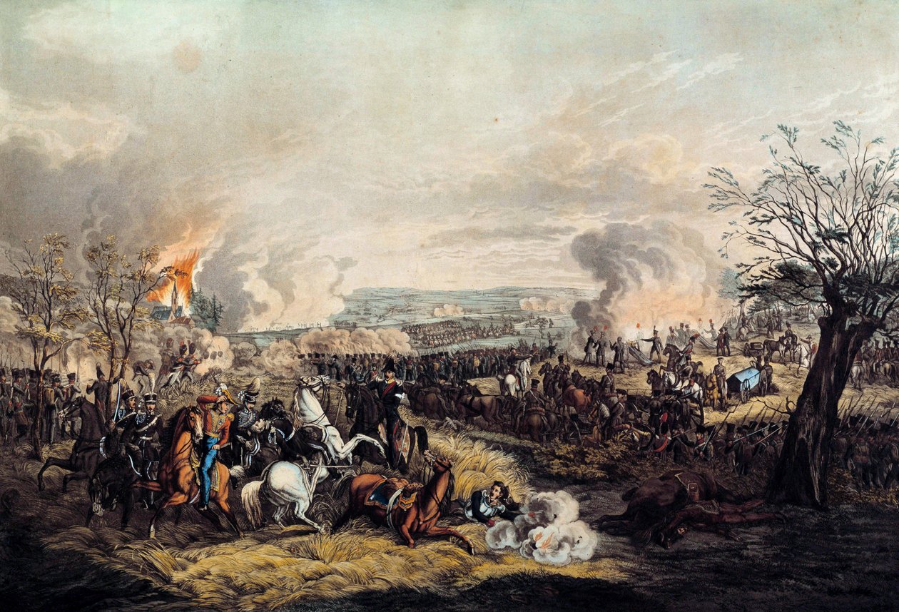 Døden til hertug Frederic Guillaume av Brunswick (1771-1815) i slaget ved Quatre Bras 16.06.1815 mellom de franske troppene til Marechal Michel Ney (1769-1815) og britene til hertugen av Wellington. Trykk fra 1815. Paris, Musee de l