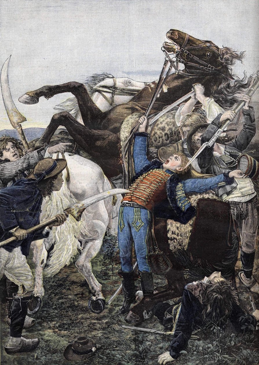 Dødsfallet til Joseph Bara (1779-1793), trommeslager i de republikanske troppene og sannsynligvis drept av tyver. Gravering fra 1894 av Unknown artist