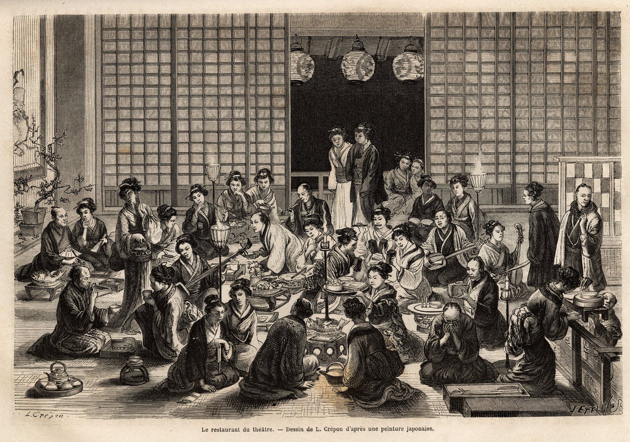Spisesalen til Yokohama Theatre er permanent fylt, selv under forestillingen. Gravering for å illustrere reisen til Japan, av Aime Humbert, minister for det sveitsiske konføderasjonen, i 1863-1864, publisert i "" le tour du monde", under den alvorlige av Unknown artist