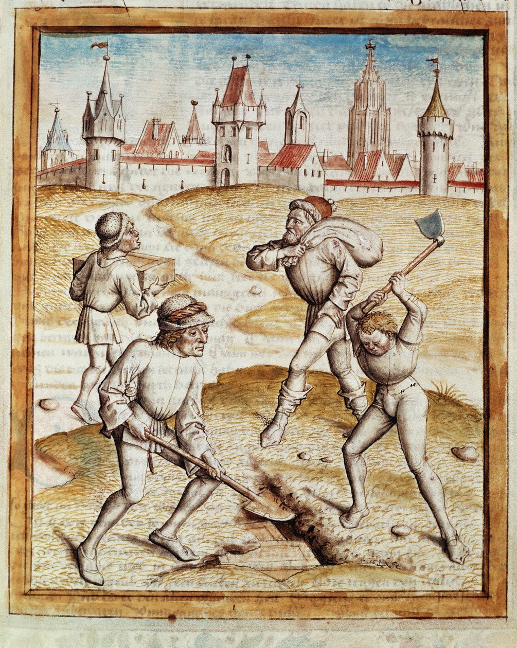 Oppdagelsen av en skattmester i forstedene til en befestet by Miniatyr hentet fra en tysk oversettelse av fablene om "Kalila (Calila) og Dimna" av Bidpai. (ms. 1389, fol. 1) rundt 1480 Chantilly, museum Conde av Unknown artist
