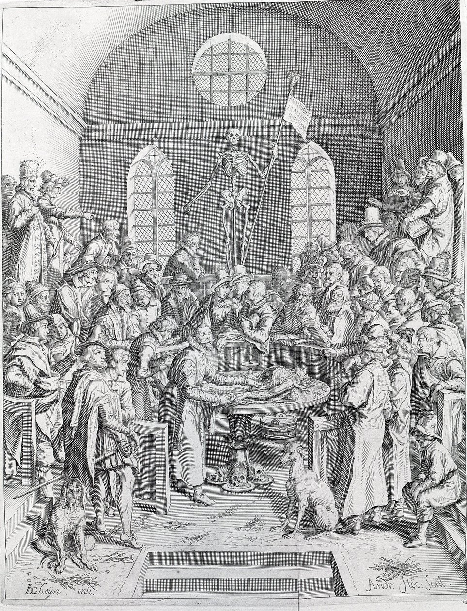 Disseksjonsgruppen av leger og forskere ble gjenforent for å følge en disseksjon i et amfiteater. Gravering fra 1788 av Unknown artist