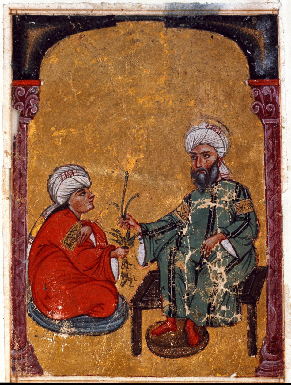Legen og botanikeren Pedanius Dioscoride (Dioscorides) (40-90 e.Kr.) som forklarer en av studentene sine fordelene til miniatyrplanter hentet fra hans avhandling "De materia medica"" (Fol. 2 verso) Fra Irak. 1229 Topkapi Sarayi museumsbiblio av Unknown artist