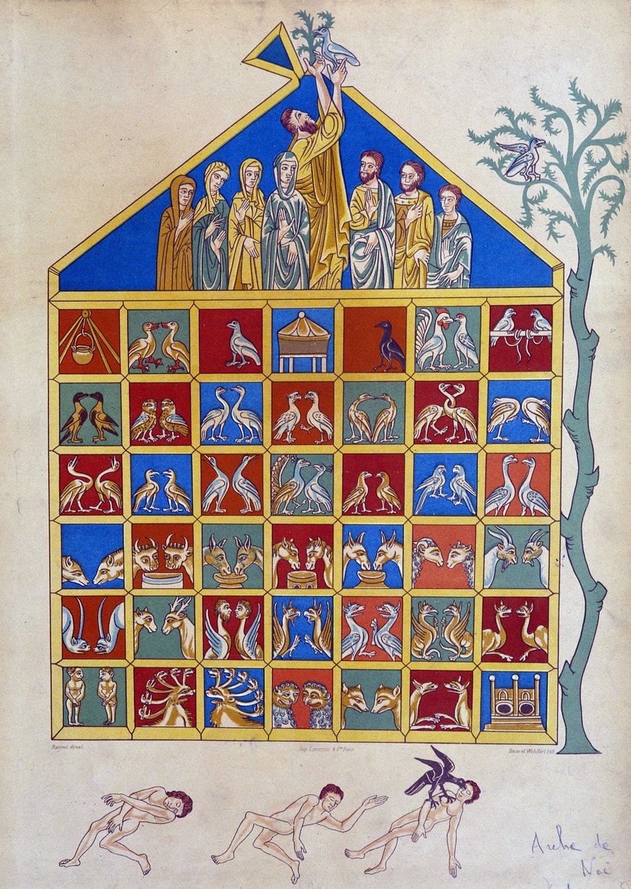 Duen med en olivengren slutter seg til Ark of Noe - etter miniatyr av Unknown artist