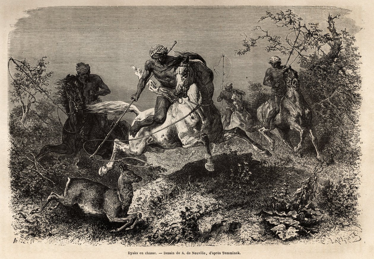 Dyakene (innfødt til Borneo) jakter, rider og lassosvåpen. Gravering for å illustrere reisen i den malaysiske skjærgården, av Alfred Russell Wallace, i 1854-1862, publisert i "" Le tour du monde""" 1870-1871, redigert av Edouard Charton, Hachett av Unknown artist