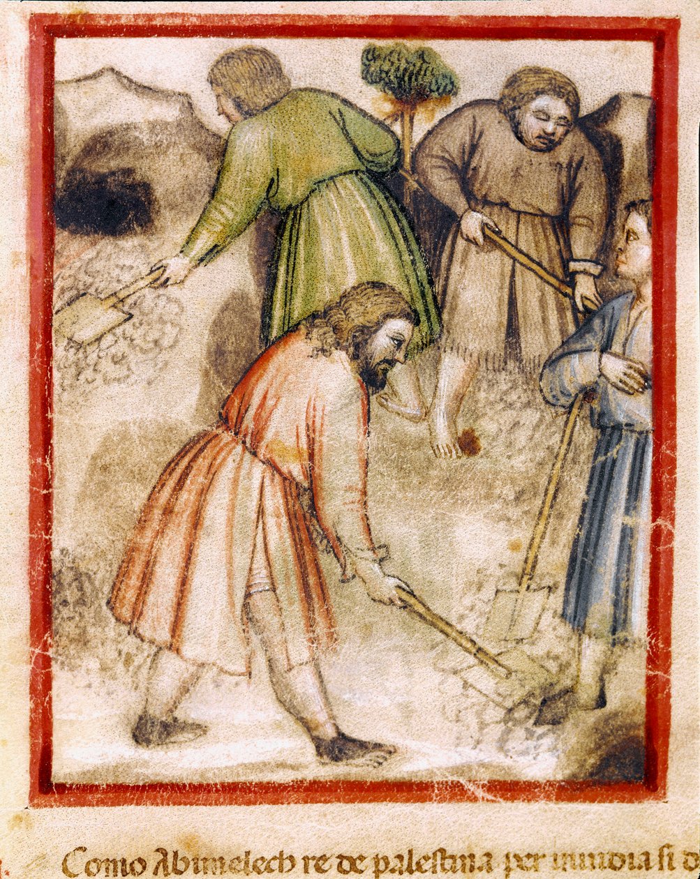 De misunnelige filisterne fyller de hule brønnene av Isaac Miniature fra kodeksen 212 (eller padovano-kodeksen eller Bible of Padua) 1390-1400 Rovigo, Accademia dei Concordi av Unknown artist