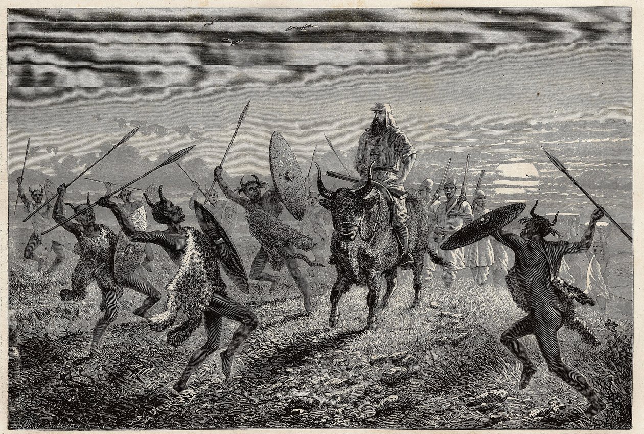 Eskorten som er tildelt den reisende Baker, utfører en fantasi før avreise til Lake Albert (eller Albert Nyanza). Gravering for illustrasjon av turen til Lake Albert, i 1861-1864, av Sir Samuel White Baker, i "Le tour du monde, nouveau journal des voyages av Unknown artist
